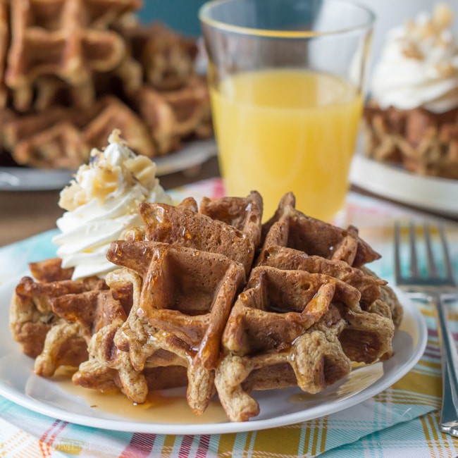 whole wheat carrot cake waffles with cream cheese whipped cream