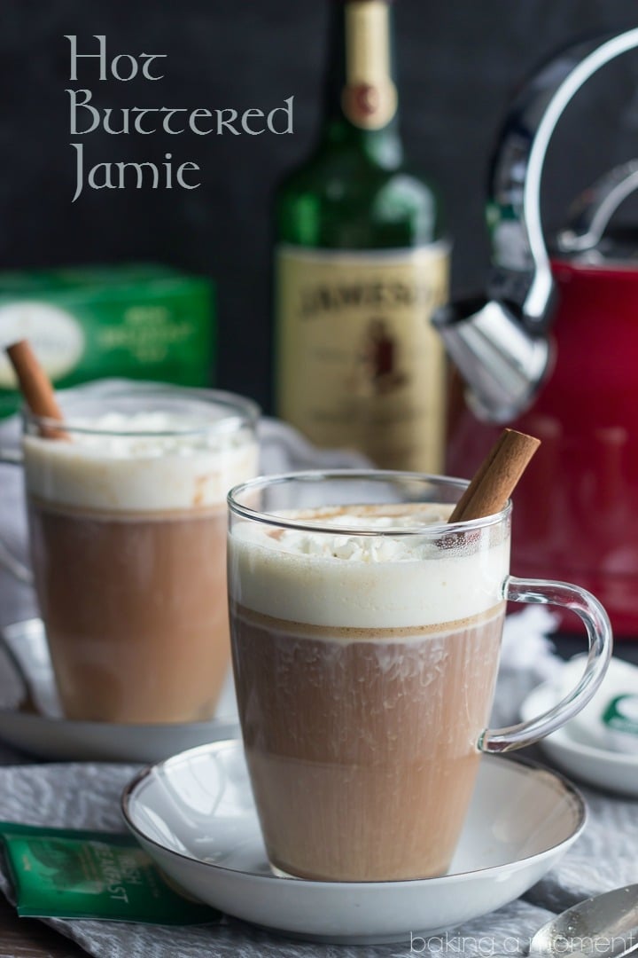 Warm up with a Hot Buttered Jamie! It's a comforting hot toddy made with strong black tea and Irish whiskey. Perfect for sipping on a cold afternoon!