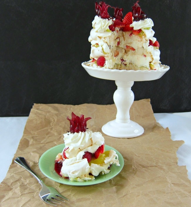Pavlova with Red Berries, Lime, and Hibiscus