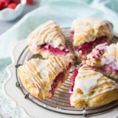 Raspberry Cream Scones with Rosewater Glaze: buttery pastry, fresh raspberries, and a sweet & floral glaze. Perfect for a bridal/baby shower or Mother's Day brunch! food recipes breakfast