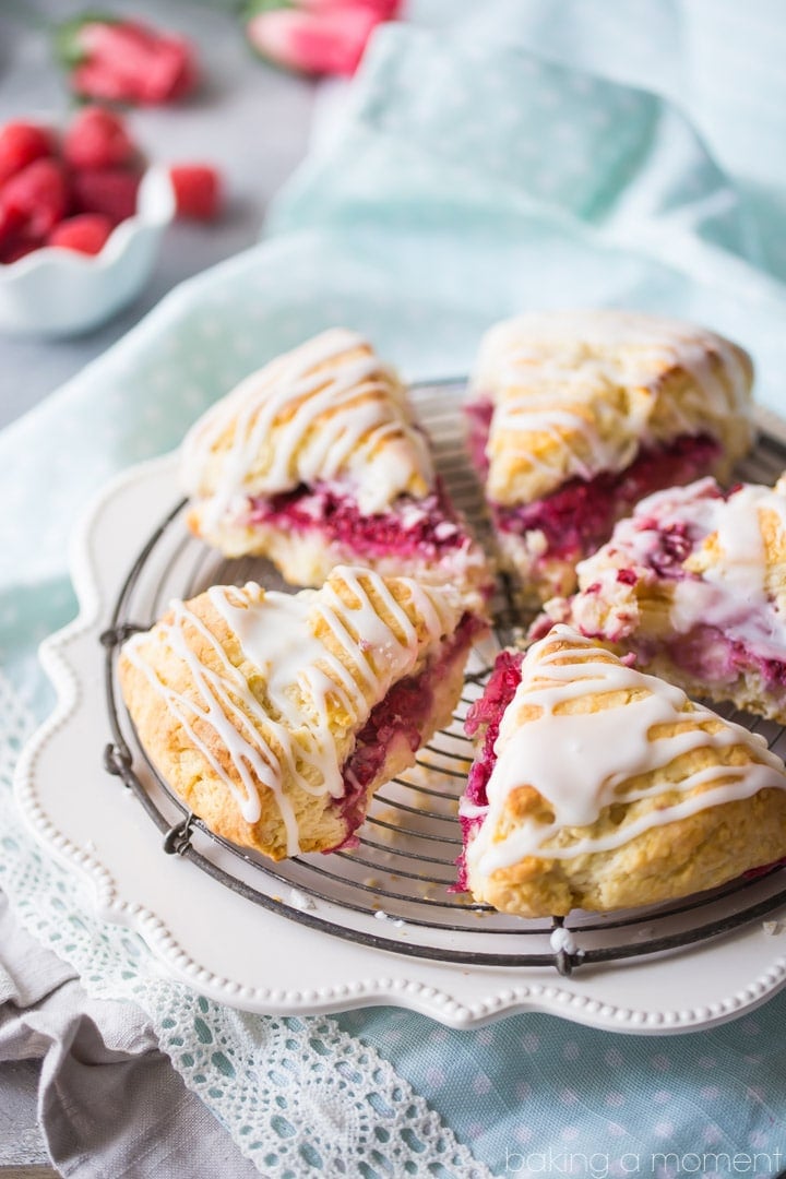 Raspberry Cream Scones with Rosewater Glaze: buttery pastry, fresh raspberries, and a sweet & floral glaze.  Perfect for a bridal/baby shower or Mother's Day brunch!  food recipes breakfast