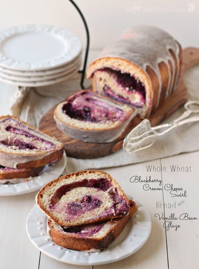 Whole Wheat Blackberry Cream Cheese Swirl Bread with Vanilla Bean Glaze | Baking a Moment