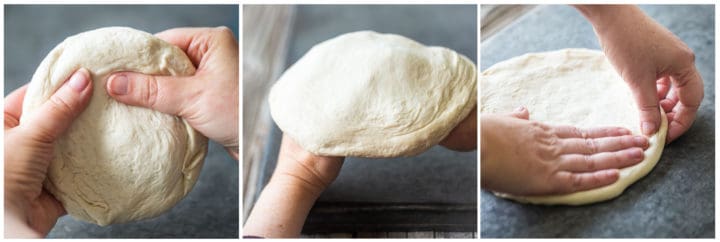 Photo collage showing how to shape pizza dough.