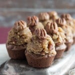Rich and Fudgy Homemade Brownie Bites are loaded with Chocolate and topped with an easy Bourbon Pecan Pie Topping. Great finger food; perfect for Superbowl snacking!