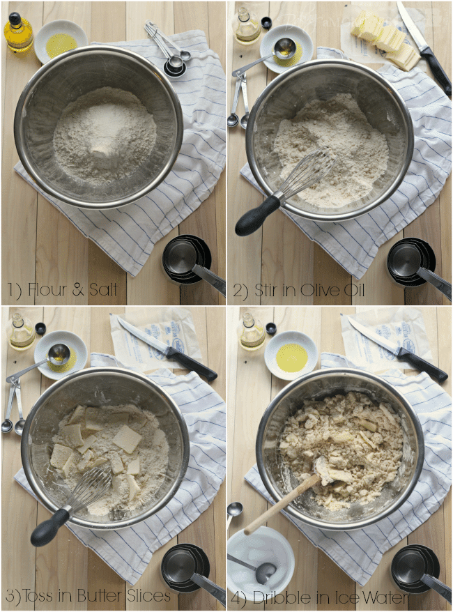 Photo collage showing how to laminate pie dough for flaky pie crust.