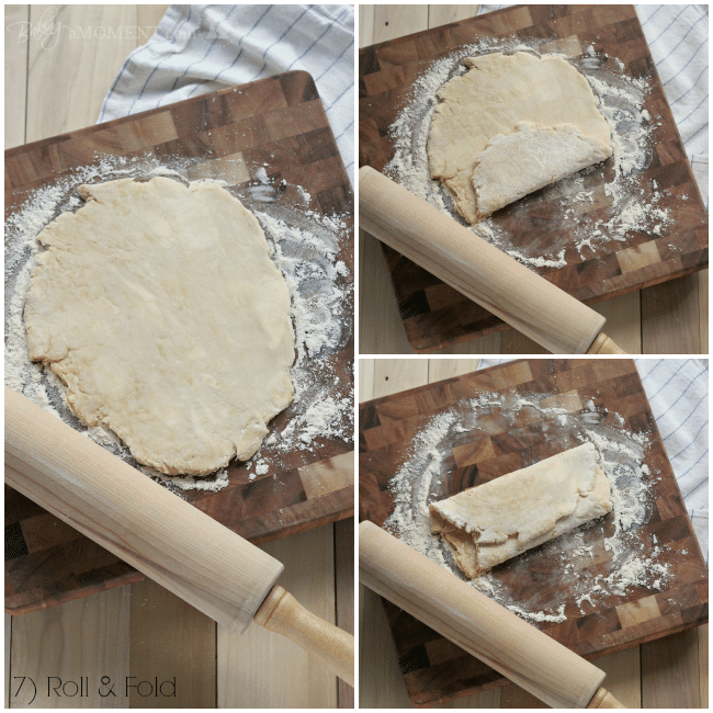 Photo collage showing pie dough being rolled and folded to create hundreds of flaky layers.