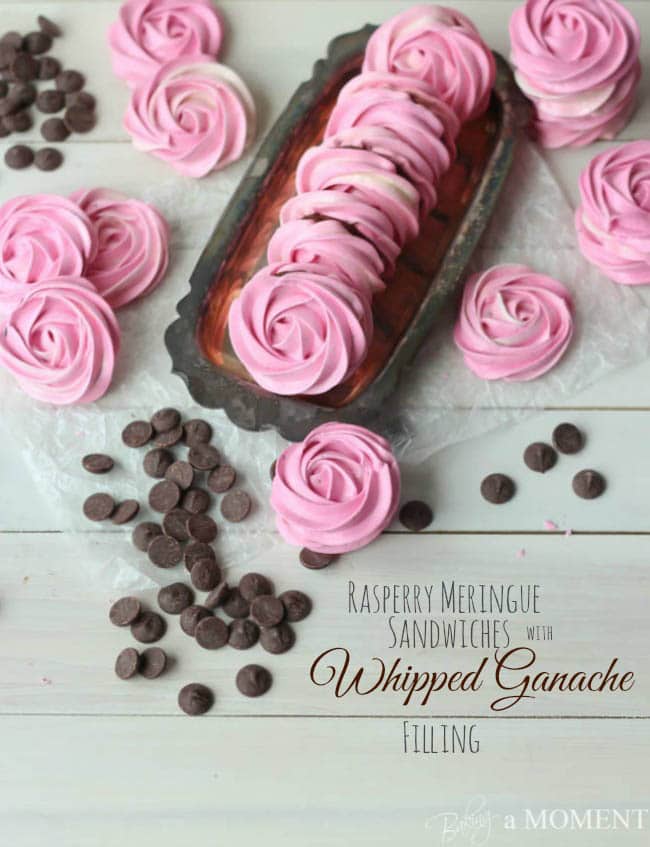 Raspberry Meringue Sandwiches with Whipped Dark Chocolate Ganache Filling | Baking a Moment
