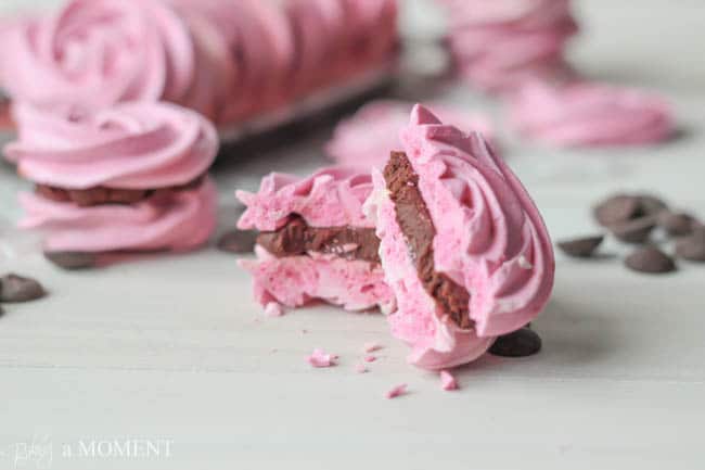 Raspberry Meringue Sandwiches with Whipped Dark Chocolate Ganache Filling | Baking a Moment
