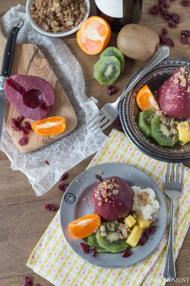 Sangria Poached Pears with Cinnamon Oat Crumble | Baking a Moment