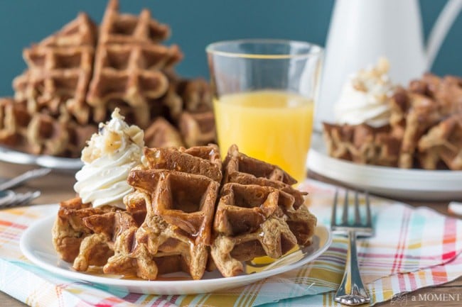 Whole Wheat Carrot Cake Waffles with Cream Cheese Whipped Cream | Baking a Moment