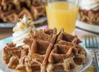 Whole Wheat Carrot Cake Waffles with Cream Cheese Whipped Cream | Baking a Moment