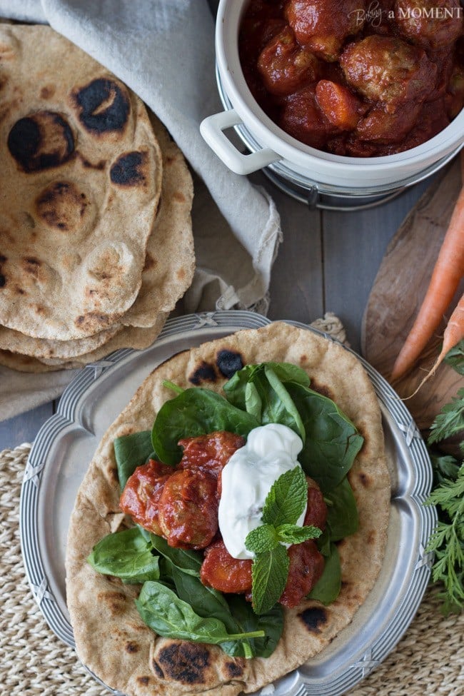 Slow Cooker Moroccan Turkey Meatballs with Homemade Whole Wheat Naan | Baking a Moment
