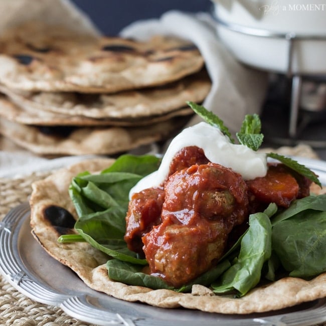 Slow Cooker Morroccan Turkey Meatballs with Homemade Whole Wheat Naan | Baking a Moment