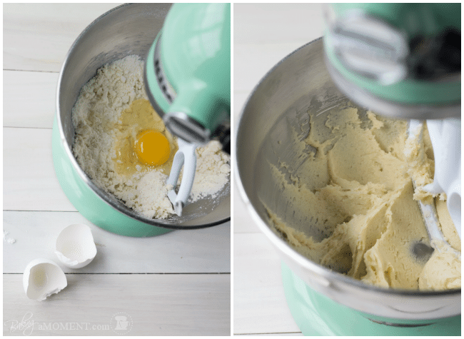 Side by side collage of eggs added to vanilla cupcake recipe and eggs stirred into batter.