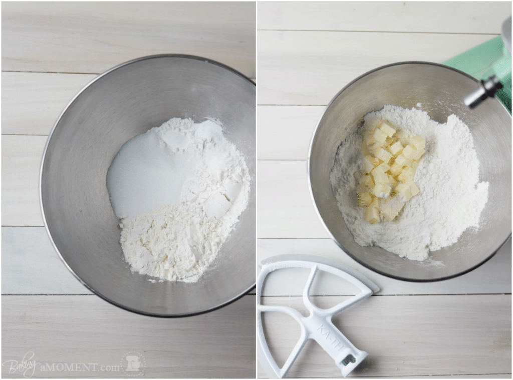 Side by side collage of dry ingredients in bowl and dry ingredients with cubed butter added.