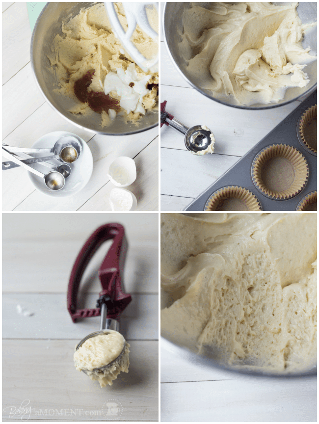 Collage of liquid ingredients added to batter, finished vanilla cupcake batter, cookie scoop containing batter, and close up of vanilla cupcake batter in bowl.