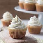 Close up image of a vanilla cupcake with a swirl of buttercream, with a few more vanilla cupcakes in the background.