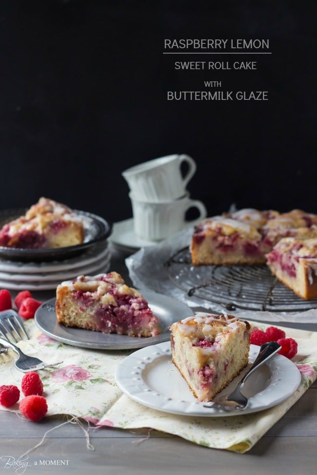 Raspberry Lemon Sweet Roll Cake with Buttermilk Glaze | Baking a Moment