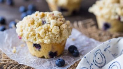 Horizontal image of a homemade blueberry muffin with streusel topping.