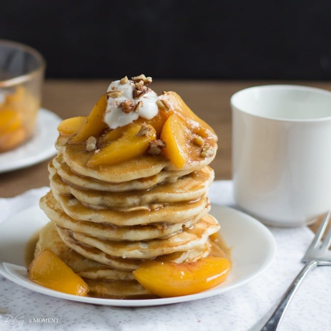 Toasted Pecan Pancakes with Brown Butter Bourbon Peach Syrup | Baking a Moment