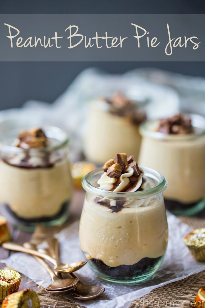 Peanut Butter Pie Jars: Cold, creamy, and super-simple to make!  Perfect no-bake dessert for summer.  food desserts peanut butter