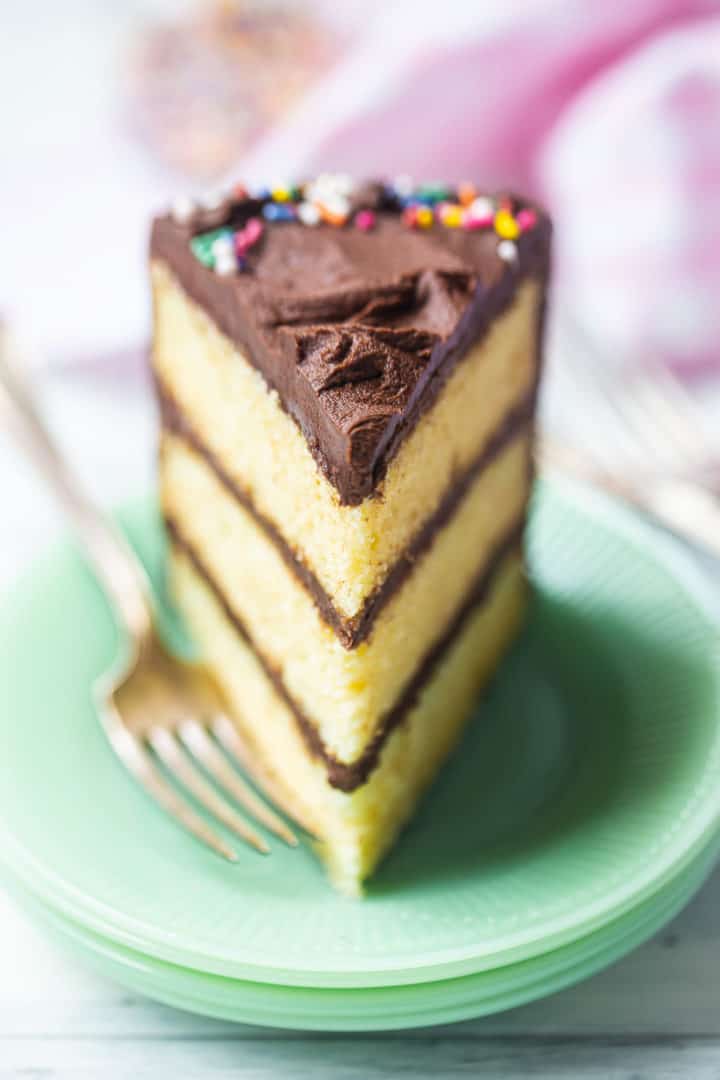 Close-up image of a slice of yellow cake with chocolate frosting and rainbow sprinkles.