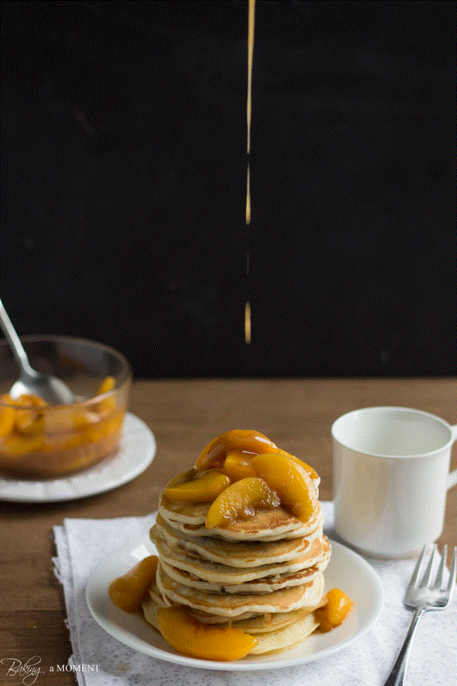 Toasted Pecan Pancakes with Brown Butter Bourbon Peach Syrup | Baking a Moment