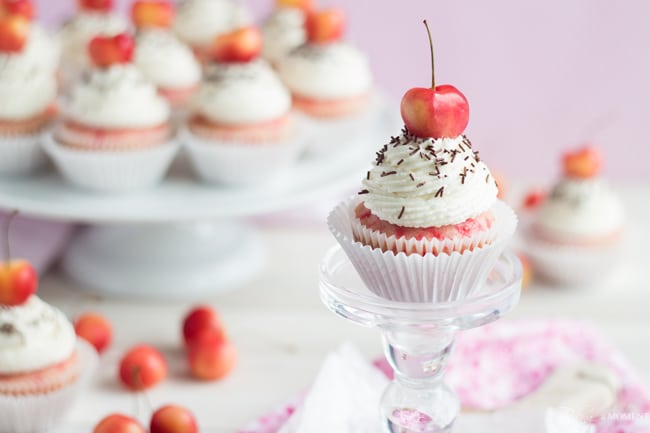 Cherry Chip Cupcakes with Bourbon Vanilla Frosting | Baking a Moment