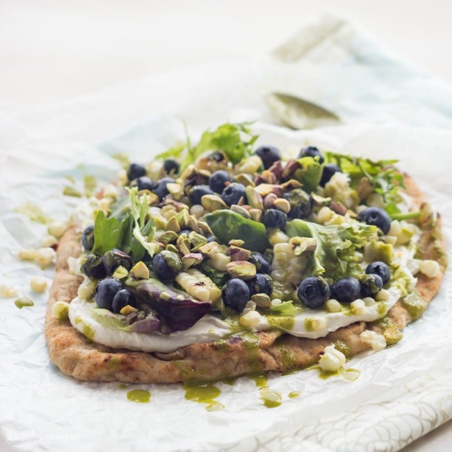 Grilled Corn & Blueberry Flatbread with Whipped Goat Cheese & Basil Vinaigrette | Baking a Moment