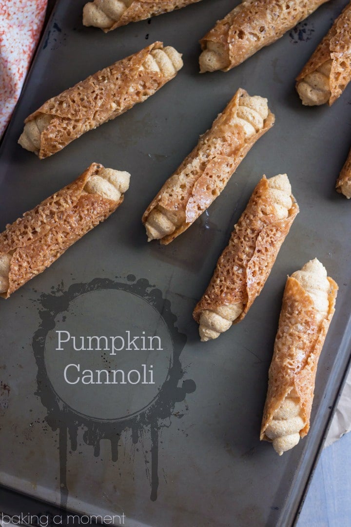 Such a fun Fall treat! Pumpkin Cannoli with a creamy, spiced filling & a nutty almond brittle shell.