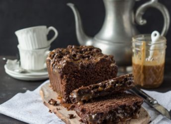 What a treat! Chocolate Hazelnut Streusel Bread with Salted Caramel- so delish with a hot cuppa!