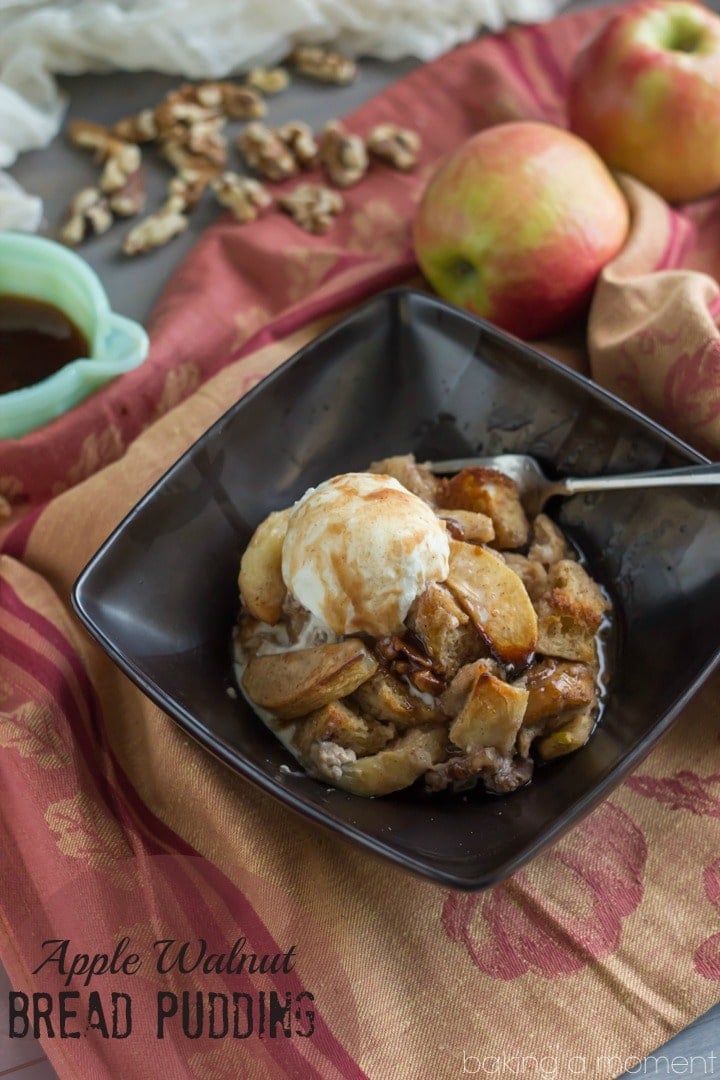 Here's what to do with your apple picking bounty: Apple Walnut Bread Pudding with Cinnamon Cider Sauce!  THE most comforting Fall dessert.