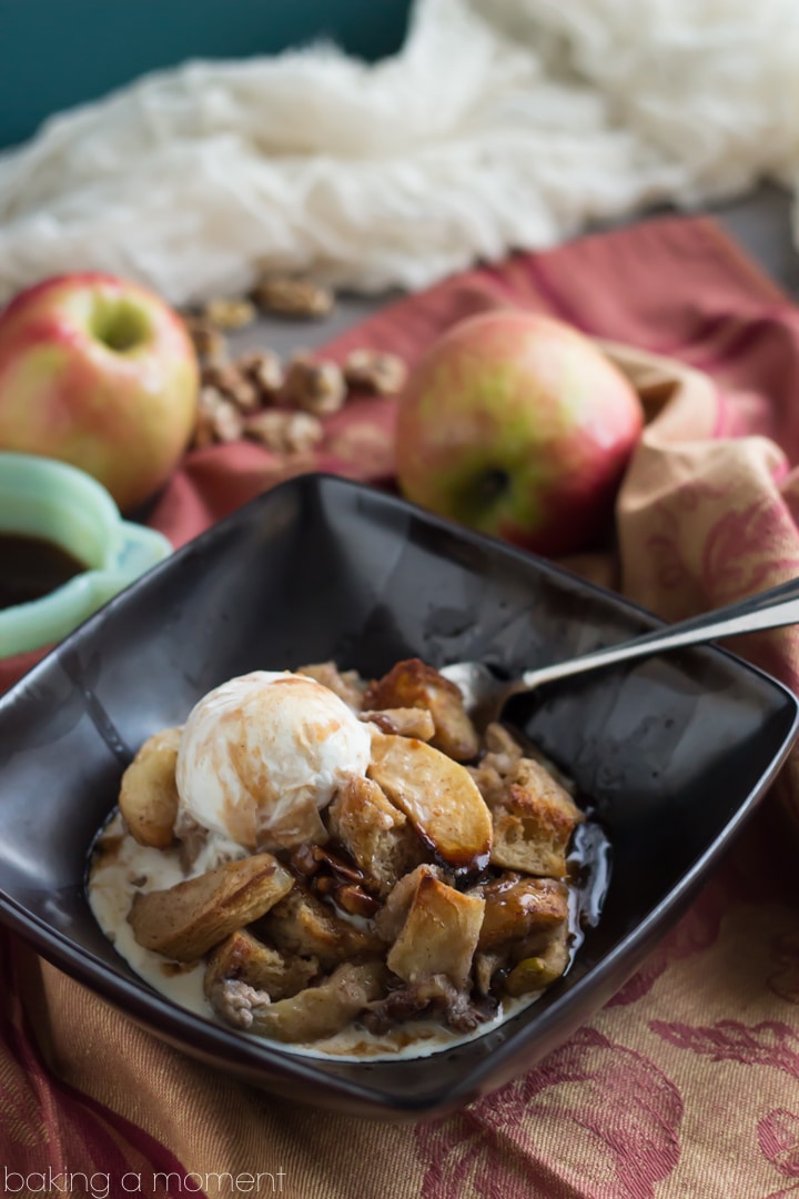 Here's what to do with your apple picking bounty: Apple Walnut Bread Pudding with Cinnamon Cider Sauce!  THE most comforting Fall dessert.