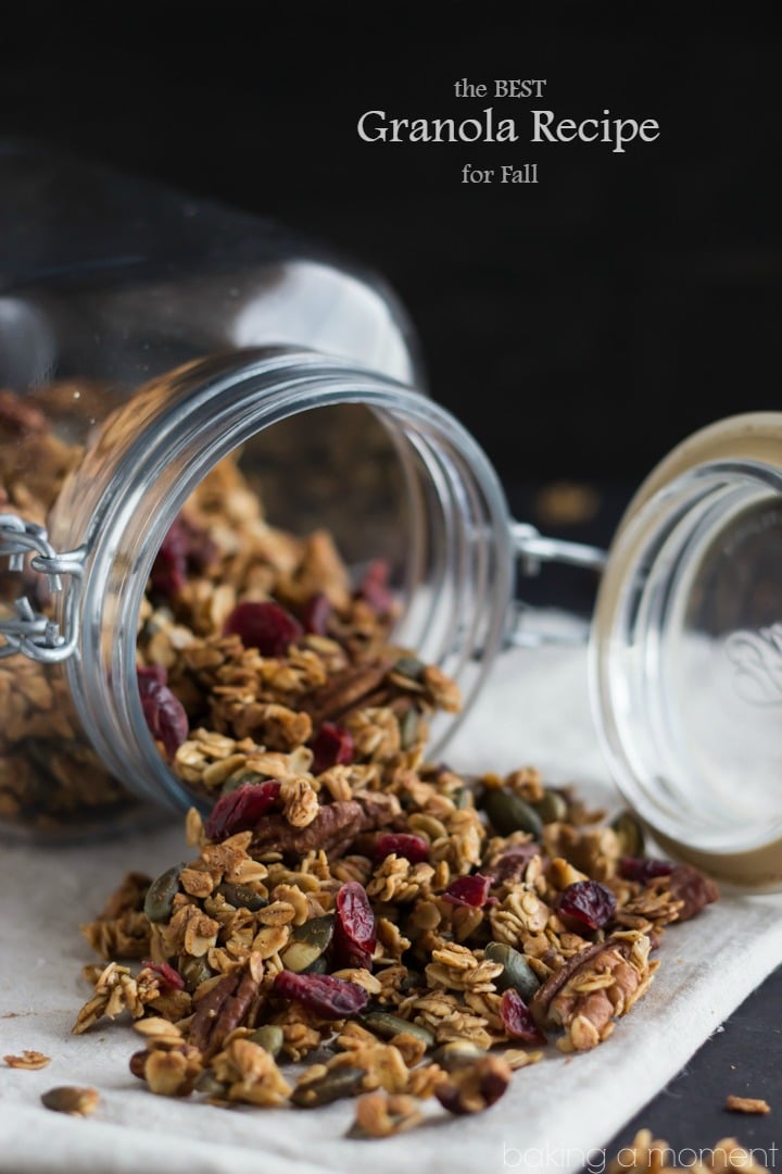 This recipe has everything you could want in a homemade granola: oats, cinnamon, ginger, toasted pepitas, pecans, & dried cranberries... It's perfect for fall!  