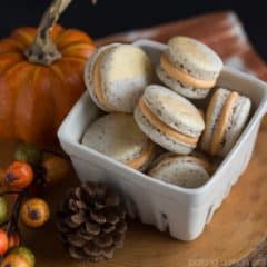 These make such a perfect little sweet nibble for a fall get-together. Hazelnut macarons with maple pumpkin cream cheese filling-- amazing flavor!