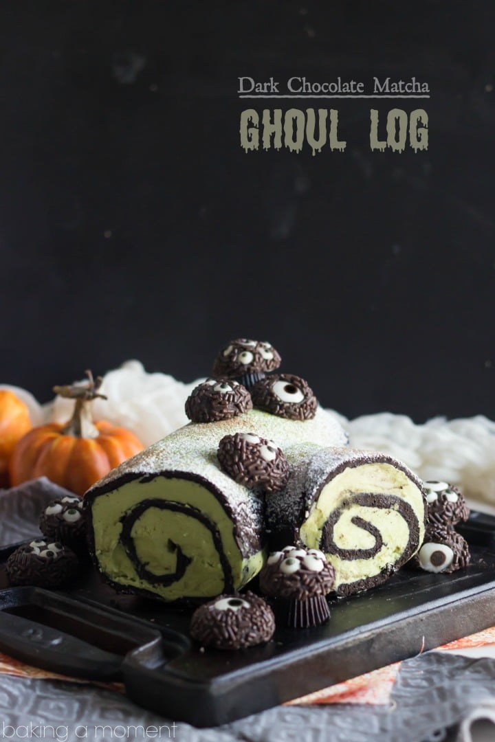 This Dark Chocolate Matcha Ghoul Log is perfect for a Halloween party! I love the hairy spiders crawling all over it, and the flavors are so good!