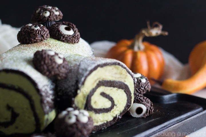 This Dark Chocolate Matcha Ghoul Log is perfect for a Halloween party! I love the hairy spiders crawling all over it, and the flavors are so good!  