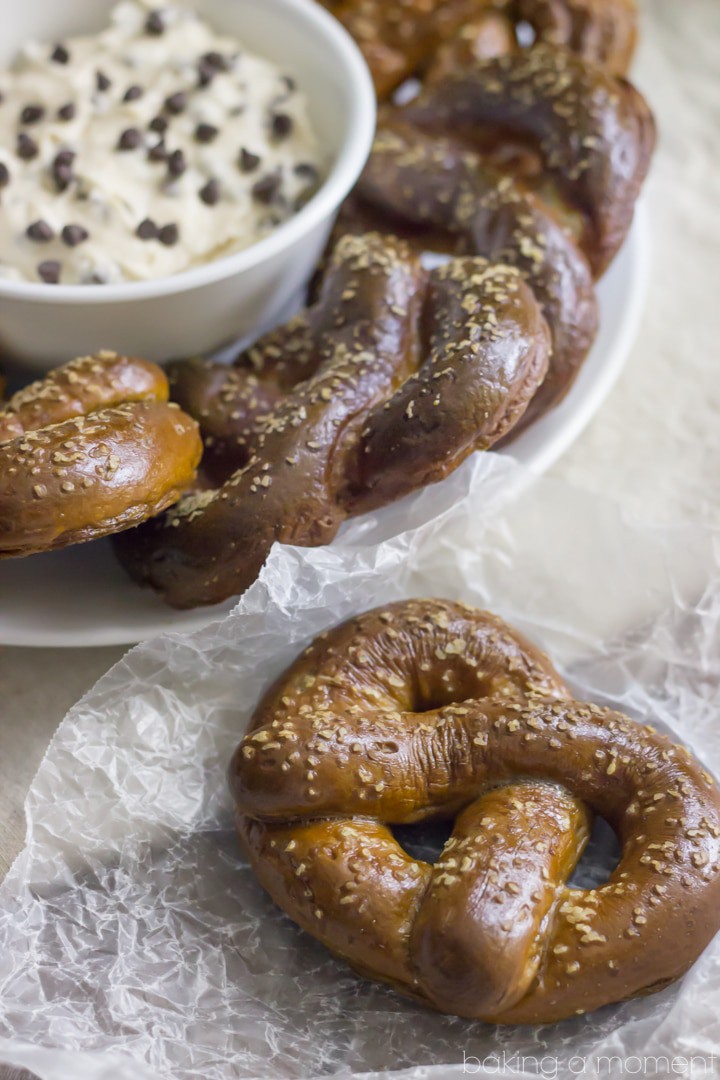 Homemade Soft Pretzels stuffed with Peanut Butter, served with a Malted Vanilla cream cheese Dip with Chocolate Chips.  These Chubby Hubby Pretzels and Dip are totally outrageous!  Perfect Superbowl dessert ;)  