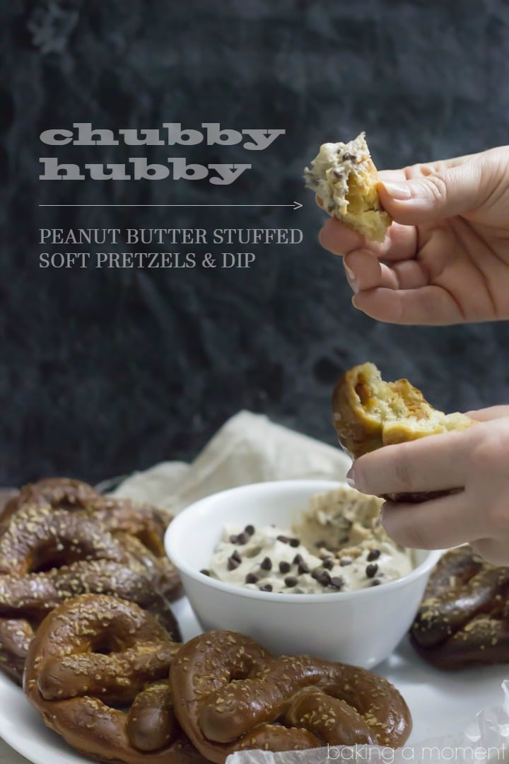 Homemade Soft Pretzels stuffed with Peanut Butter, served with a Malted Vanilla cream cheese Dip with Chocolate Chips.  These Chubby Hubby Pretzels and Dip are totally outrageous!  Perfect Superbowl dessert ;)  