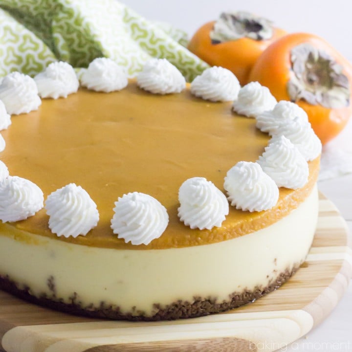 Creamy New York style cheesecake on a gingersnap crust, topped with a sweet and seasonal persimmon topping. Perfection!