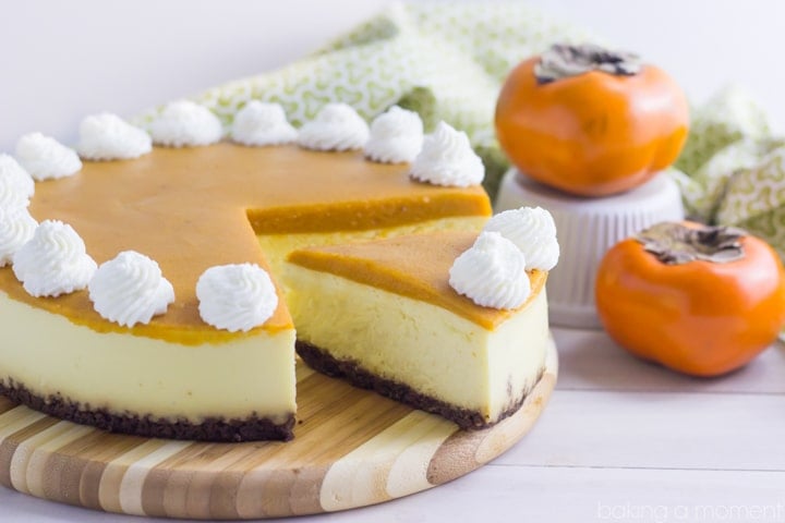 Creamy New York style cheesecake on a gingersnap crust,  topped with a sweet and seasonal persimmon topping. Perfection!