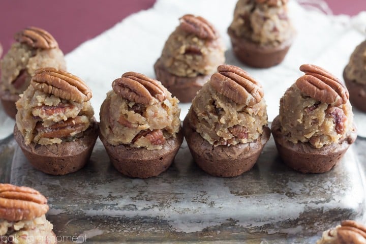 Pecan Pie Brownie Bites- A super-fudgy brownie topped with a bourbon pecan pie filling.  Perfect for a party!   #superbowl #dessert
