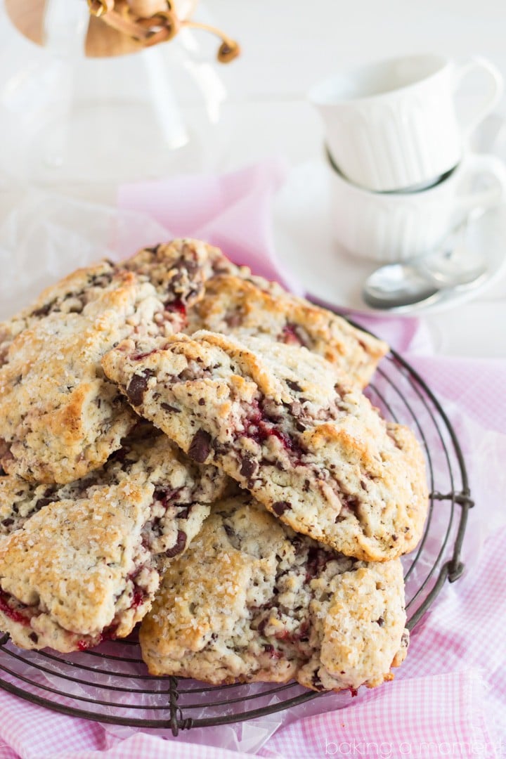 Moist and Tender Scones ribboned with Raspberry and studded with Dark Chocolate- It doesn't get any better than this!  