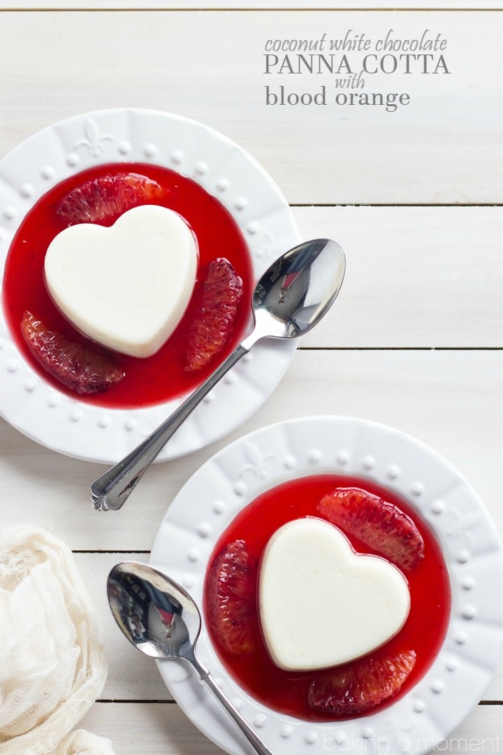 Coconut White Chocolate Panna Cotta with Blood Oranges- so pretty yet SO EASY!  Start these now and you'll be enjoying them in 2 hours or less  ;)