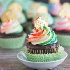 Rainbow Pot of Gold Cupcakes for St. Patrick's Day- the Chocolate Cake recipe is phenomenal! And the Rainbow striped frosting was actually pretty simple. Definitely making these again, they were a big hit!