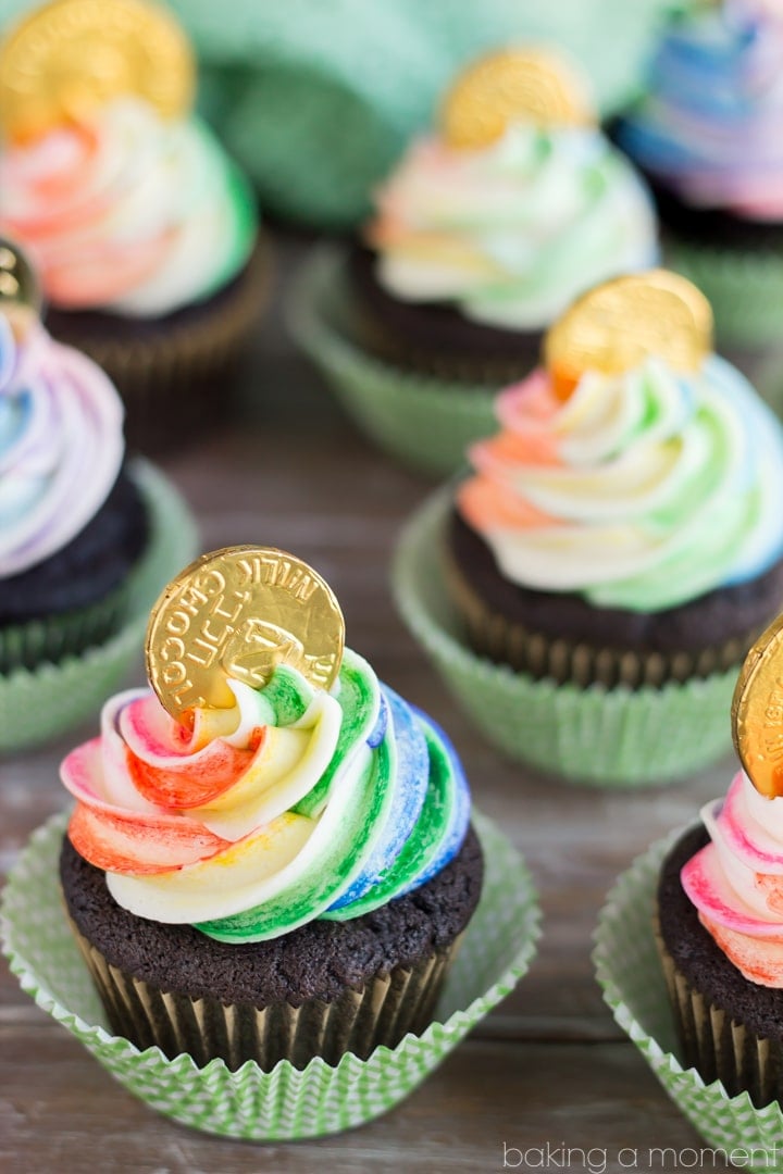 Rainbow Pot of Gold Cupcakes for St. Patrick's Day- the Chocolate Cake recipe is phenomenal!  And the Rainbow striped frosting was actually pretty simple.  Definitely making these again, they were a big hit!  