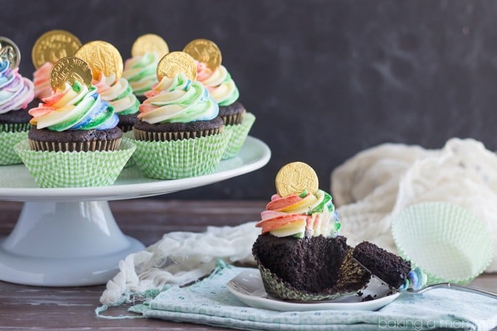 Rainbow Pot of Gold Cupcakes for St. Patrick's Day- the Chocolate Cake recipe is phenomenal!  And the Rainbow striped frosting was actually pretty simple.  Definitely making these again, they were a big hit!  
