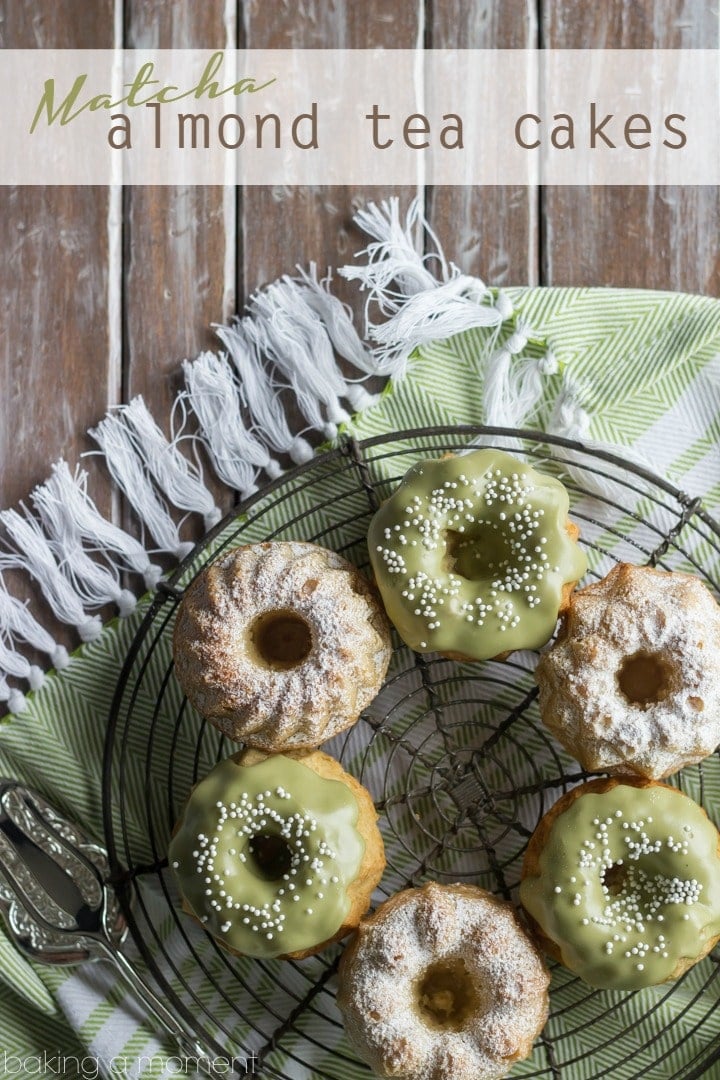 These almond tea cakes came together in a snap, with healthier ingredients like almonds, coconut oil, and einkorn flour.  The matcha glaze on top is perfection!  #paminthepan #ad