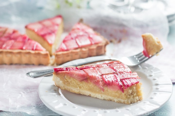 Gorgeous Rhubarb Tart with almond frangipane filling and buttery shortbread crust.