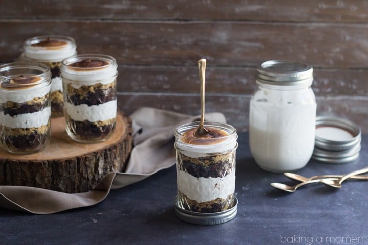 Perfect for a barbecue or potluck!  These S'mores Cupcake Jars transport easily and they are TO DIE FOR!  Soft and sweet, with just the right amount of crunch.  They'll be the hit of the party! 